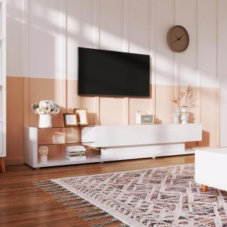 Merax Lowboard mit Glasablagen und Schubladen, TV-Schrank hochglänzend mit LED, TV-Board, TV-Ständer, Breite:170cm, Weiß