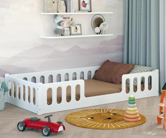 CADANI Monte 2in1 Bodenbett 90x200 cm Montessori Kinderbett Rausfallschutz abnehmbar - weiß, 37 kg schwer, bis 200 kg belastbar, extra starker Roll-Lattenrost, umbaubar