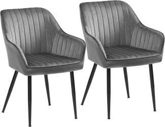 Esszimmerstuhl 2er Set, Sessel, Loungesessel, mit Armlehne, Bezug aus Samt, Sitzbreite 49 cm, bis 120 kg belastbar, Metallbeine, für Esszimmer, Küche, hellgrau-schwarz LDC087G04
