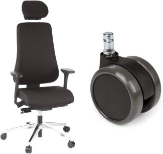 hjh OFFICE Bürostuhl/Chefsessel PRO-TEC 400 Stoff schwarz Alu poliert & 5X Hartbodenrollen 11mm / 65mm Büro-Stuhl-Rollen für Hartböden (5er Pack)