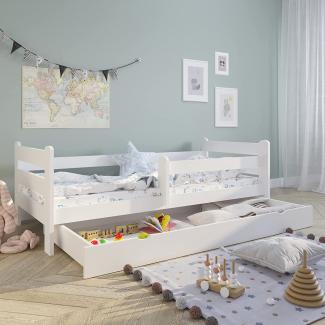 Kinderbett Jugendbett 80x180 cm mit Rausfallschutz | Voll-Holz inkl. Lattenrost & Schublade in weiß Kiefer | Mädchen Jungen Bett skandinavisch