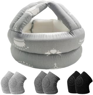 IULONEE Baby Helm mit 3 Paar Baby Knieschützern, Lauflernhelm Kleinkind Schutzhut Kopfschutz Baby Krabbeln Kappen Verstellbarer Schutzhelm(Graue Krone)