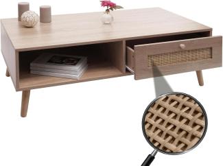 Couchtisch HWC-M39, Wohnzimmertisch Beistelltisch Sofatisch, Schublade Kubu Rattan Holz Melamin, 37x110x59cm Eiche-Optik