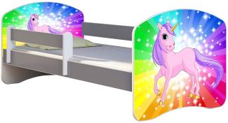 ACMA Kinderbett Jugendbett mit Einer Schublade und Matratze Grau mit Rausfallschutz Lattenrost II (18 Pony Regenbogen, 140x70)