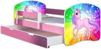 Kinderbett Jugendbett mit einer Schublade und Matratze Rausfallschutz Rosa 70 x 140 80 x 160 80 x 180 ACMA II (18 Pony Regenbogen, 80 x 160 cm mit Bettkasten)