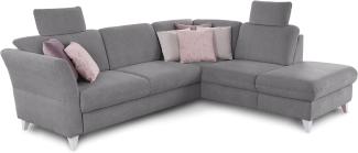 CAVADORE Schlafsofa Trend / Skandinavisches Ecksofa mit Federkern, Bettfunktion, Stauraum in der Ottomane und 2 Kopfstützen / 249 x 86 x 162 / Chenille, Grau