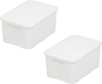 BranQ - Home essential Korb mit Deckel in Rattan Design 2er Set Grösse S 7l, BPA-frei Kunststoff PP, Weiß, 28,5x19,5x12,9 cm, 2 Stk.