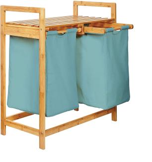 Lumaland Wäschekorb aus Bambus mit 2 ausziehbaren Wäschesäcken - Größe ca. 73 cm Höhe x 64 cm Breite x 33 cm Tiefe - Farbe Babyblau