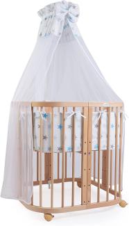 Waldin® Babybett aus Holz 7in1 mit Matratze, mitwachsendes Kinder-Bett, belüftet, Boden 5-fach verstellbar, All-Inclusive-Set Holz natur, Stoffe Sterne blau