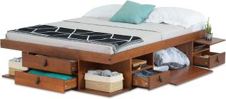 Funktionsbett Bali 160x200 Karamell - Schrankbett mit viel Stauraum und Schubladen, optimal für kleine Schlafzimmer - Bett mit Aufbewahrung aus Kiefer Massivholz – Schubladenbett inkl. Lattenrost…