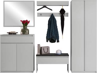 Garderoben-Set Simply II Kleiderschrank, Kommode, Schrank, Spiegel, 2x Kleiderhaken (Farbe: Grau / Grau + Ontario 97)