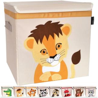 Babies1st Spielzeug Aufbewahrungsbox Kinder, mit Deckel 33x33x33 cm, Boxen für Kallax Regal, Spielzeug Aufbewahrung Kinderzimmer, robust, geruchslos und auf Schadstoffe getestet, Tiermotiv LÖWE
