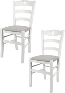 Tommychairs - 2er Set Stühle CUORE für Küche und Esszimmer, Robuste Struktur aus Buchenholz, deckend Weiss lackiert und gepolsterte Sitzfläche mit Stoff in der Farbe Perlgrau bezogen