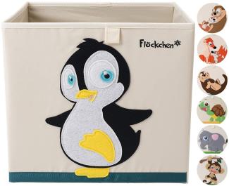 Flöckchen Kinder Aufbewahrungsbox, Spielzeugbox für Kinderzimmer I Spielzeug Box (33x33x33) passt ins Kallax Regal I Kinder Motiv Tiere (Polly der Pinguin)