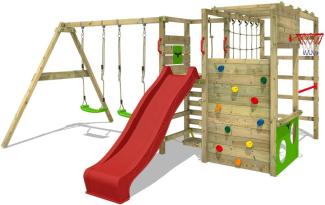 FATMOOSE Klettergerüst Spielturm ActionArena mit Schaukel & roter Rutsche, Gartenspielgerät mit Leiter & Spiel-Zubehör