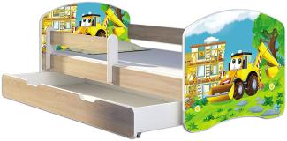 Kinderbett Jugendbett mit einer Schublade und Matratze Sonoma mit Rausfallschutz Lattenrost ACMA II 140x70 160x80 180x80 (20 Bagger, 140x70 + Bettkasten)