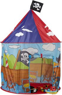 Relaxdays Piraten Spielzelt für Jungen, Kinderzelt mit Piratenflagge ab 3 Jahren, Spielhaus H xD 130 x 100 cm, rot-blau