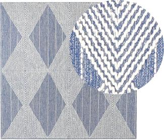 Teppich Wolle beige blau 200 x 200 cm geometrisches Muster Kurzflor DATCA
