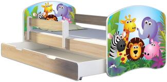 Kinderbett Jugendbett mit einer Schublade und Matratze Sonoma mit Rausfallschutz Lattenrost ACMA II 140x70 160x80 180x80 (01 Zoo, 180x80 + Bettkasten)