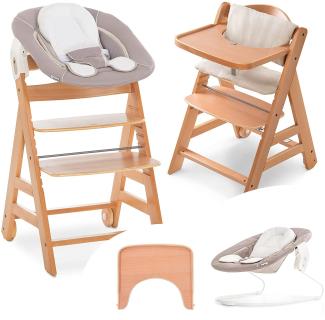 Hauck Alpha Plus Move Newborn Set - Baby Holz Hochstuhl ab Geburt inkl. Aufsatz für Neugeborene, Sitzpolster, Tisch - mitwachsend - Stretch Beige