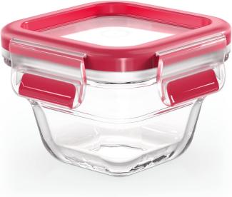 Emsa N10413 Clip & Close Glas Frischhaltedose quadratisch | 0,18 L | stapelbar | gefrierfest | backofenfest | mikrowellenfest | rutschfestes Stapeln | 100% dicht | spülmaschinenfest | Transparent/Rot