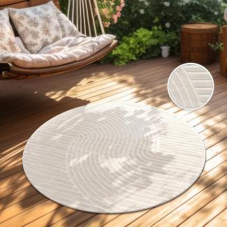 Paco Home Outdoor Teppich Wetterfest Balkon Wohnzimmer Skandinavisches Boho Muster Einfarbig Geometrisch 3D Effekt Moderne Deko, Grösse:160 cm Rund, Farbe:Creme 2