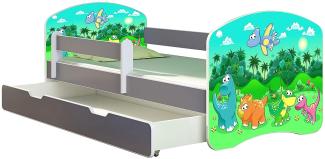 ACMA Kinderbett Jugendbett mit Einer Schublade und Matratze Grau mit Rausfallschutz Lattenrost II (30 Dino, 160x80 + Bettkasten)