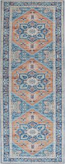 Teppich blau orange orientalisches Muster 80 x 200 cm Kurzflor RITAPURAM