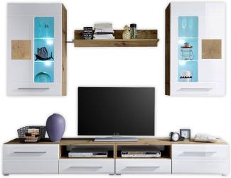 GEORGIA Wohnwand Komplett-Set in Weiß Hochglanz, Artisan Eiche Optik - Moderne Schrankwand mit Beleuchtung für Ihr Wohnzimmer - 240 x 190 x 43 cm (B/H/T)