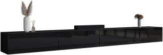 Planetmöbel TV Board 320 cm Schwarz, TV Schrank mit 4 Klappen als Stauraum, Lowboard hängend oder stehend, Sideboard Wohnzimmer
