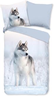 Bettwäsche Baumwolle, Traumschloss, Renforcé, 2 teilig, Husky, Schnee, blau