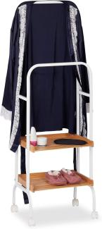 Relaxdays Stummer Diener auf Rollen, fahrbarer Kleiderständer mit 2 Ablagen, Metall & Bambus, 129 x 42 x 32 cm, weiß