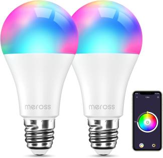 Meross Smart LED Lampe, WLAN dimmbare Glühbirne intelligente Mehrfarbige Birne Äquivalent 60W E27 2700K-6500K RGBCW kompatibel mit Alexa, Google Home und SmartThings 2St.