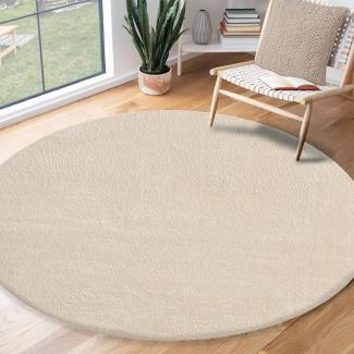 the carpet Relax Moderner Flauschiger Kurzflor Teppich, Anti-Rutsch Unterseite, Waschbar bis 30 Grad, Super Soft, Felloptik, Beige, 200 x 200 cm Rund