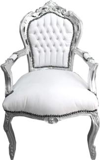 Casa Padrino Barock Esszimmer Stuhl mit Armlehnen Weiß / Silber Lederoptik - Möbel Antik Stil