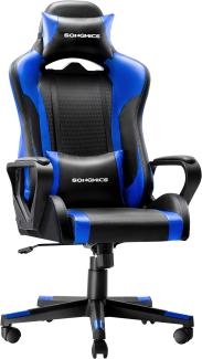 Gaming Stuhl, Schreibtischstuhl, Computerstuhl, Bürostuhl, abnehmbare Kopfstütze, Lendenkissen, höhenverstellbar, Wippfunktion, bis 150 kg belastbar, ergonomisch, schwarz-blau RCG011B02
