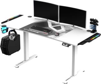 ULTRADESK Level RGB LED | Gaming-Schreibtisch mit elektrischer Höhenverstellung | Interner Speicher für 2 Einstellungen | Steckdosenleiste, XXL-Mauspad | Stahlgestell, Weißes Pad, 140x66 cm