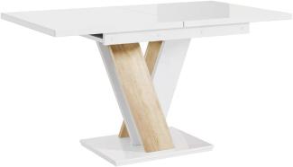 MEBLINI Esstisch Ausziehbar - Esszimmertisch Modern - Küchentisch - Säulentisch - Ausziehtisch - Dining Table - Esszimmertische - 120-160x80x75cm - MASIV - Weiß Hochglanz/Sonoma Eiche