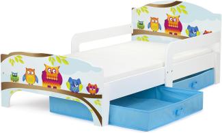 Leomark 'Eulen' Kinderbett mit Schubladen für Bettwäsche und Matratze 140 x 70 weiß