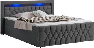 Juskys Boxspringbett Leona 140x200 cm - Bett mit LED Beleuchtung, Topper & H4 Federkern Matratzen - Einzelbett Grau mit Samt und Steppung