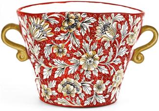 Casa Padrino Luxus Keramik Blumentopf mit 2 Tragegriffen Rot / Mehrfarbig Ø 27 x H. 20 cm - Handgefertigter & handbemalter Keramik Pflanzentopf - Luxus Qualität - Made in Italy