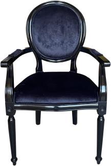 Casa Padrino Luxus Barock Esszimmer Stuhl Schwarz / Schwarz - Handgefertigter Antik Stil Stuhl mit Armlehnen und edlem Samtstoff - Esszimmer Möbel im Barockstil