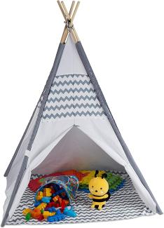 Relaxdays 10035300 Tipi Zelt für Kinder, mit Boden, Kinderzimmer Zelt, Wigwam Kinderzelt, HxBxT: 150 x 120 x 120 cm, weiß-grau