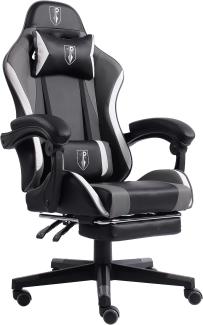 Gaming Chair im Racing-Design mit flexiblen gepolsterten Armlehnen - ergonomischer PC Gaming Stuhl in Lederoptik - Gaming Schreibtischstuhl mit ausziehbarer Fußstütze und extra Stützkissen Schwarz/Grau-Weiß