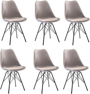 SAM 6er Set Schalenstuhl Lerche, Taupe, integriertes Kunstleder-Sitzkissen, Schwarze Metallfüße, Esszimmerstuhl im skandinavischen Stil