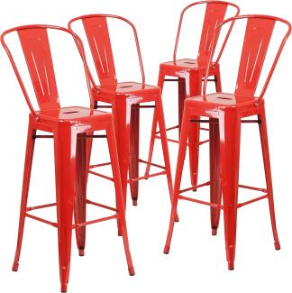 Flash Furniture Barhocker mit Rückenlehne aus Metall, 76,2 cm hoch, 4 Stück, Kunststoff, verzinkter Stahl, rot, 4er-Set