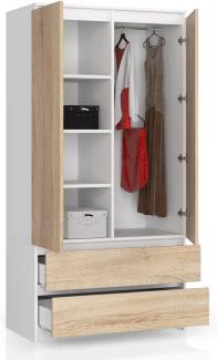 BDW Kleiderschrank 2 Türen, 4 Einlegeböden, Kleiderbügel, 2 Schubladen Kleiderschrank für das Schlafzimmer Wohnzimmer Diele 180x90x51cm (Weiß/Eiche Sonoma)