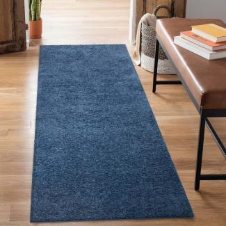 carpet city Shaggy Hochflor Teppich - Läufer 80x300 cm - Blau - Langflor Flurteppich - Einfarbig Uni Modern - Flauschig-Weiche Teppiche Schlafzimmer Deko