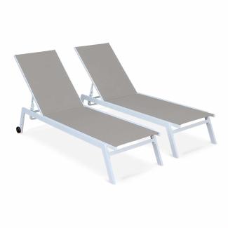ALICE'S GARDEN Set mit 2 ELSA Sonnenliegen aus weißem Aluminium und taupefarbenem Textilene, Liegestühle mit mehreren Positionen und Rädern