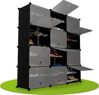 Juskys Schuhschrank mit 12 Würfel & Türen - Kunststoff Schrank für bis 48 Paar Schuhe - Regal geschlossen - Steckregal Schuhregal - Würfelregal Schwarz